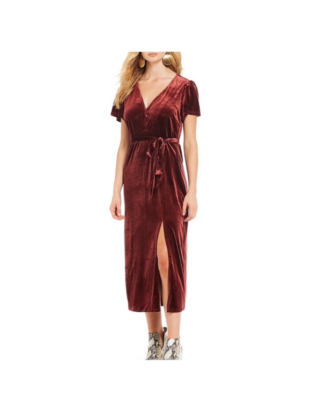 Sanctuary Burgundy Velvet Wrap Midi Dress